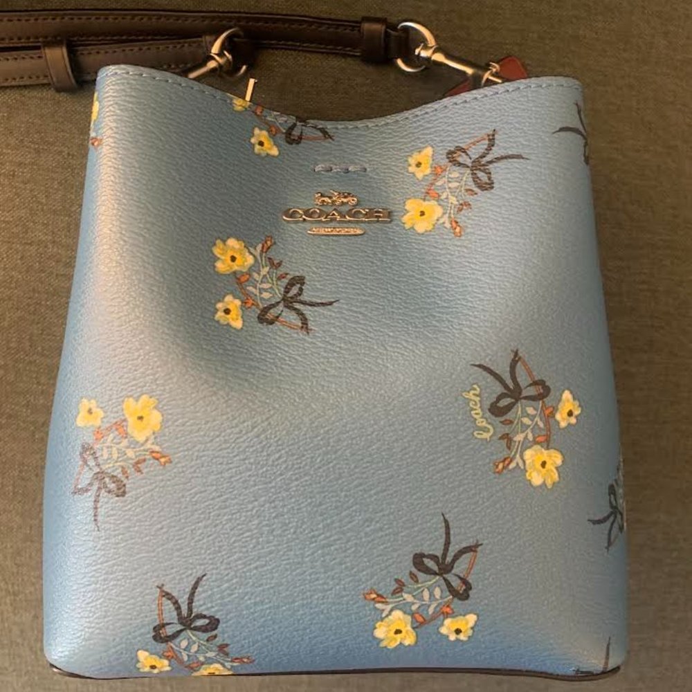 Coach Mini Town Bucket Purse with Blue Floral Bow Print